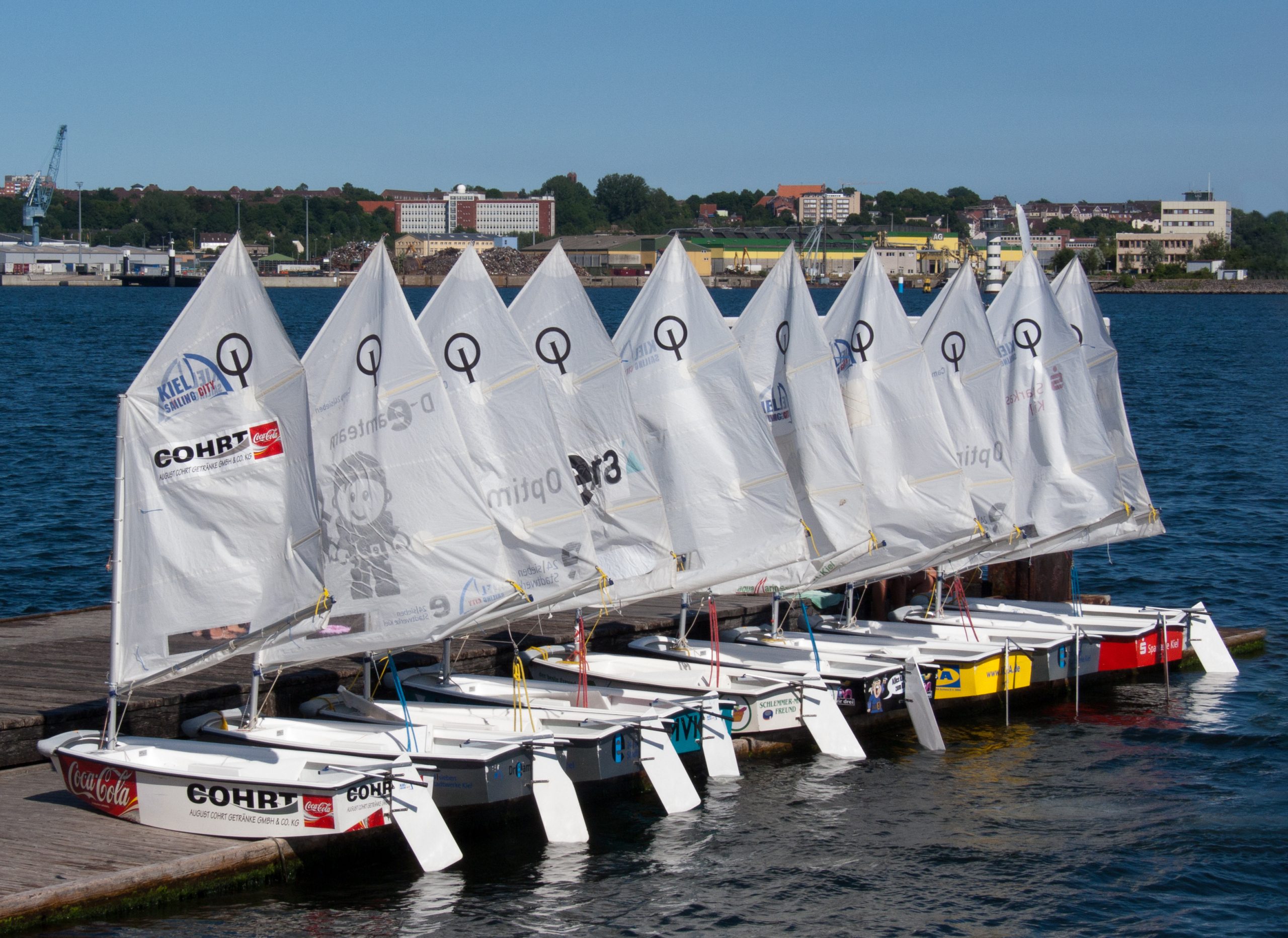 Optimist dinghies on a jetty in Kiel, Germany