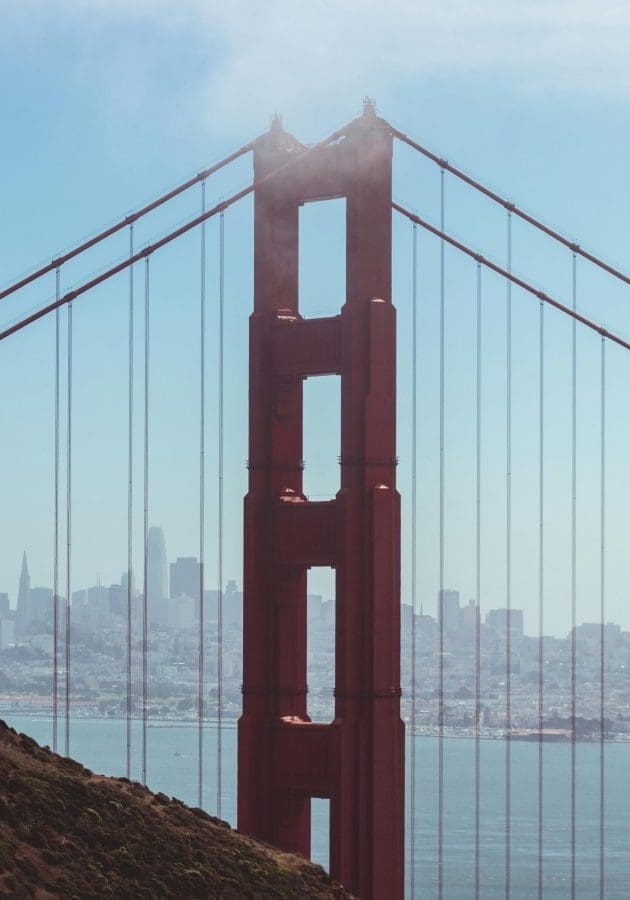 Classic view of the Golden Gate Bridge with the San Francisco skyline in the background.
